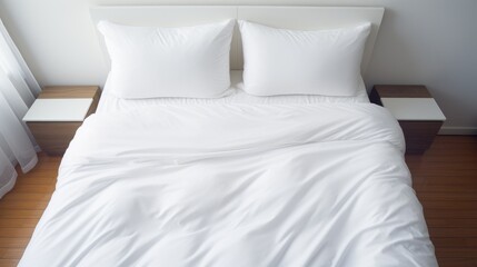 comfortable clean white bed with duvet and soft sheets in bright room with pillows - obrazy, fototapety, plakaty