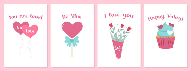 Greeting card collection for Valentine’s day. Modern and trendy vector illustrations with love elements. Cute colorful set of posters.