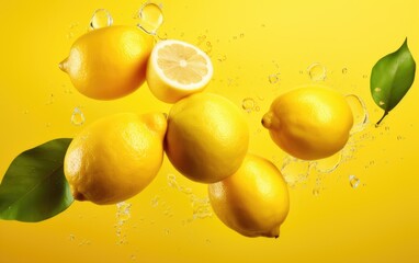 Lots of fresh lemons fly on yellow background
