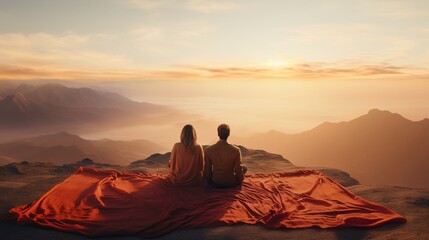 A Couple Sitting on a Blanket on a Mountain Generative AI