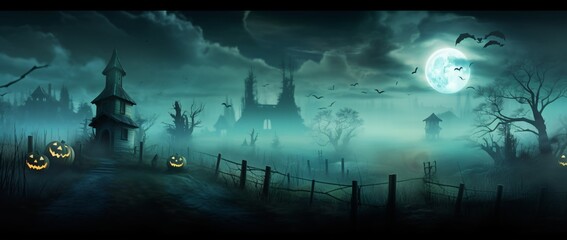 Fototapeta premium A Halloween Nightmare: A Foggy, Spooky Scene with a Fence and a Pumpkin Generative AI