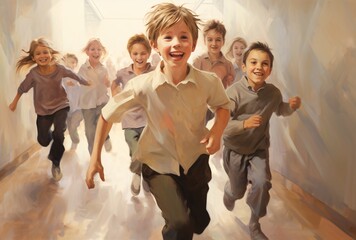 A group of children running and laughing in a school hallway Generative AI
