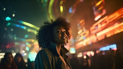 Obraz premium A smiling woman in a green jacket and hoop earrings, standing in front of a colorful background. Generative AI