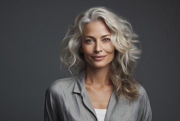 A woman with blonde hair and a grey shirt smiling at the camera Generative AI