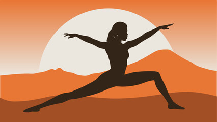 Minimal vector illustration of silhouette of a woman doing yoga in front of a desert sunset.