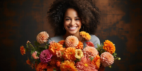 Beautiful smiling african american woman with afro hairstyle holding bouquet of flowers - Powered by Adobe