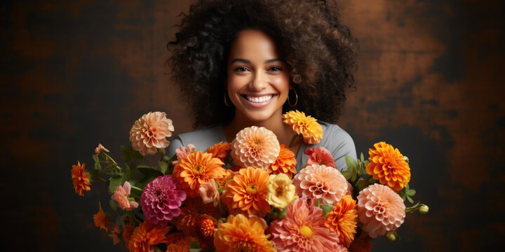 Beautiful smiling african american woman with afro hairstyle holding bouquet of flowers