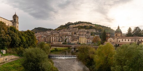panorama cityscape of the Old Town of Cosenza and the Crati River in central Calabria