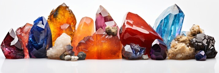 Beautiful multi-colored gemstones minerals on a white background, banner