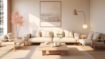 A cozy living room with a couch, a coffee table, and a potted plant Generative AI