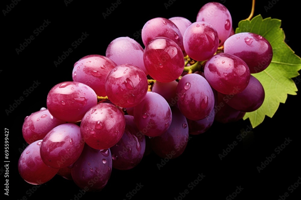Poster a close up of a bunch of grapes on a vine with a leaf on a black background with water droplets on t
