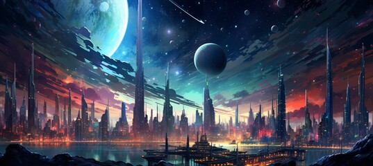 A futuristic cityscape with a space station and a moon in the background Generative AI