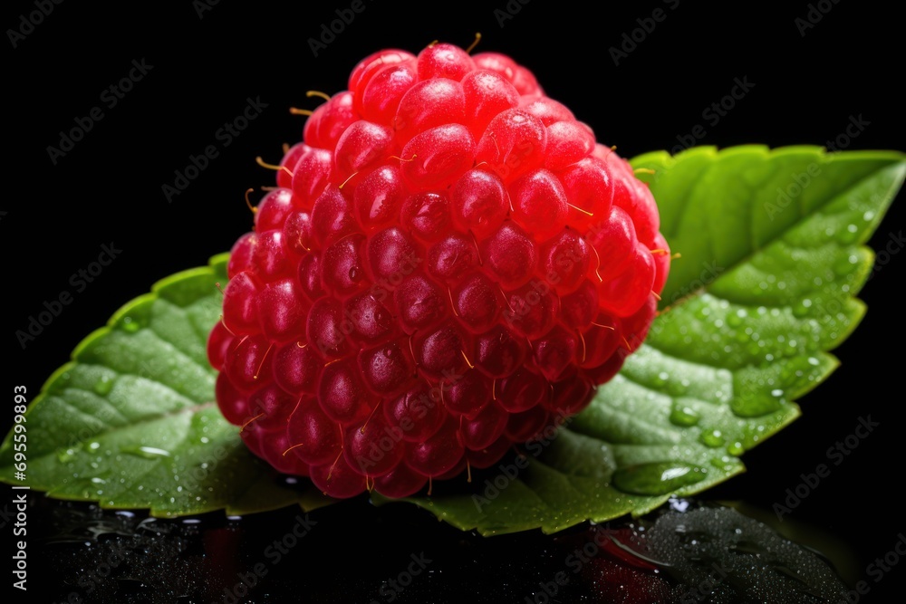 Aufkleber a close up of a raspberry on a leaf with drops of water on the petals and on the top of the leaf is 