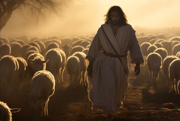 Jesus Walking Among the Sheep Generative AI - obrazy, fototapety, plakaty