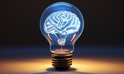 A blue light bulb with a human brain inside Generative AI