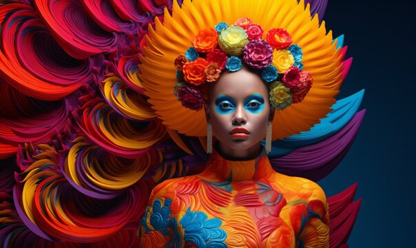 A woman with a vibrant and colorful headpiece Generative AI