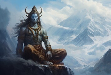 A Hindu Deity Sitting on a Mountain Generative AI