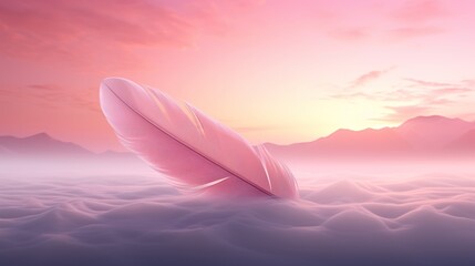  a pink feather floating in the middle of a body of water with a pink sky and mountains in the background.