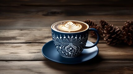 A decorative coffee cup with a leaf design on a wooden table Generative AI - obrazy, fototapety, plakaty