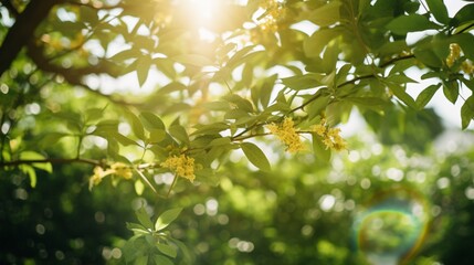 Blooming Tree in Sunlight Generative AI - obrazy, fototapety, plakaty