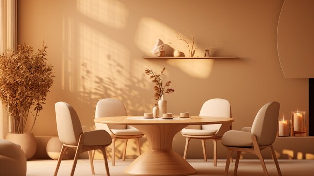 A Beautifully Decorated Dining Room with a Wooden Table and Chairs Generative AI