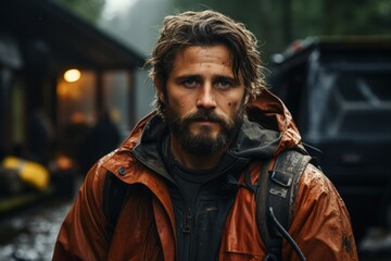 Obraz premium Thoughtful Man in Rain: Soaked man in orange jacket exudes a contemplative and rugged outdoorsman spirit.