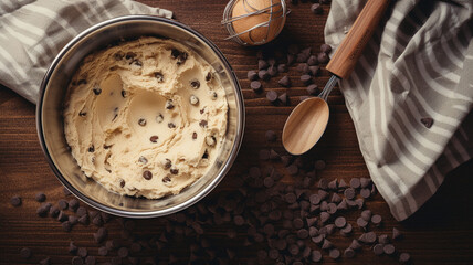 composition with delicious chocolate chip cookie and scoop on table, closeup