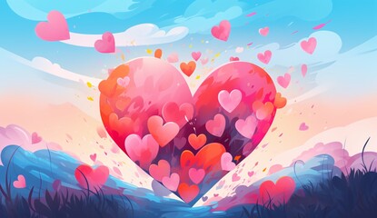A colorful heart with a trail of hearts behind it Generative AI