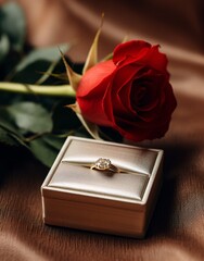A ring in a box with a rose. Generative AI