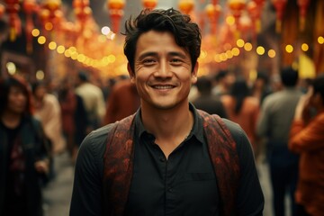 Festive Smiles Amidst Lanterns: Cheerful man enjoying a lantern festival, warm lights illuminating his joyful expression, embodying cultural celebration.