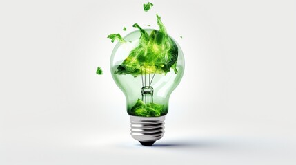 On a pristine white background, a crumpled paper light bulb bathed in green hues becomes a powerful symbol of environmentally conscious entrepreneurship. 