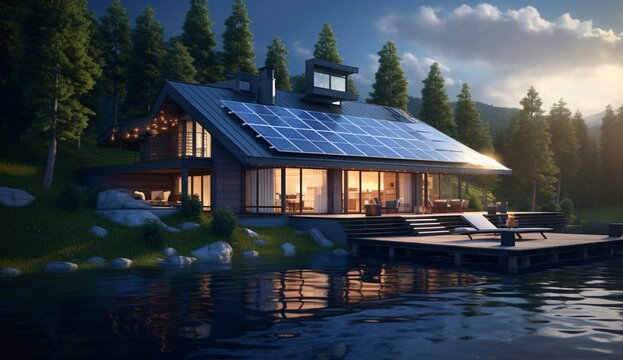 A beautiful house on the waterfront with a dock and a boat Generative AI