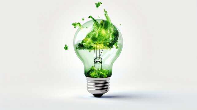 On A Pristine White Background, A Crumpled Paper Light Bulb Bathed In Green Hues Becomes A Powerful Symbol Of Environmentally Conscious Entrepreneurship. 