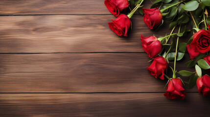 Naklejka na ściany i meble beautiful red rose flowers on a wooden table - copy space 