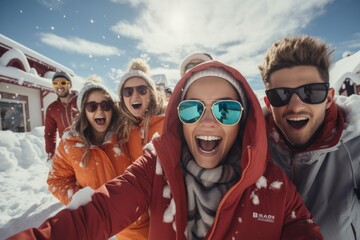 Winter Adventure Group Selfie: A group of friends in vibrant winter gear taking a joyful selfie in the snow, conveying excitement, friendship, and the thrill of winter adventures.