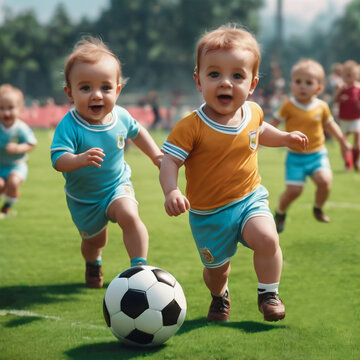 Adorable infants wearing soccer jersey, delightfully participating in a soccer match, sprinting and pursuing the ball with a remarkable semblance to adults.