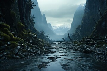 Mystic Mountain Path: A serene, ominous valley path leading to snowy peaks, evoking solitude and...