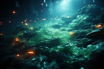 Mystical Underwater Scene: A mesmerizing underwater landscape with glowing elements and green hues, evoking a sense of mystery, exploration, and the beauty of the aquatic world.