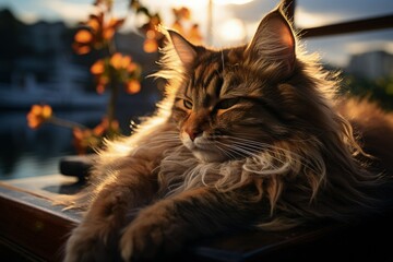 Relaxed Cat in Sunset: A fluffy cat lounging in the warm glow of a sunset, surrounded by blooming flowers, evoking a sense of peace, relaxation, and the simple joys of life.