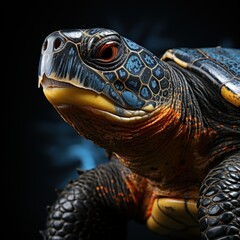 Vibrant Turtle Close-Up: Detailed close-up of a vibrantly colored turtle with intricate shell patterns, conveying a sense of wonder and fascination with wildlife. 