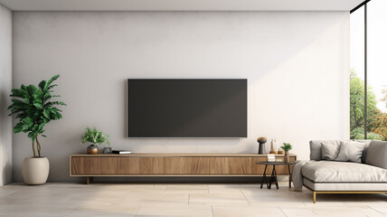 A high-definition television screen mockup, with a blank display, in a modern living room setting.