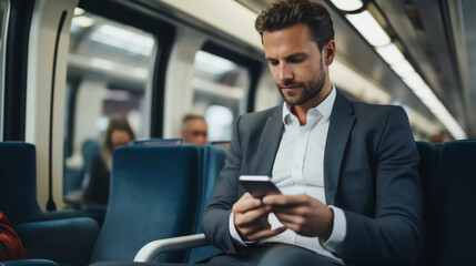 Businessman with smartphone travelling by train. 