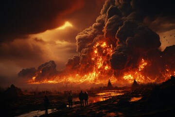 Apocalyptic Inferno - Eruption and Escape: Silhouetted figures flee from a catastrophic volcanic eruption, a stark image of disaster and human vulnerability.