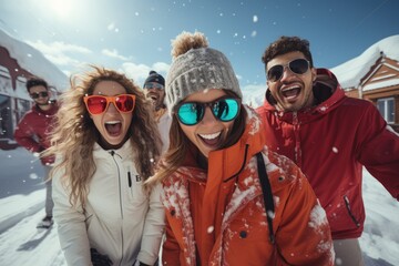Joyful Friends in Snowy Mountains: A group of cheerful friends in winter gear enjoying a snowy day, capturing the excitement of a winter adventure.