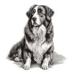 Bernese Shepherd dog, engraving style, close-up portrait, black and white drawing, cute pet 