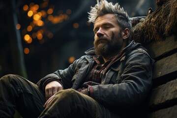 Obraz premium Contemplative Bearded Man: A rugged, introspective man rests against a rustic backdrop, embodying a spirit of resilience and thoughtful solitude.