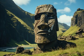 Majestic Moai Statue Landscape: An iconic Easter Island moai stands as a sentinel of history, evoking awe and a mysterious connection to the past amid a dramatic natural setting.