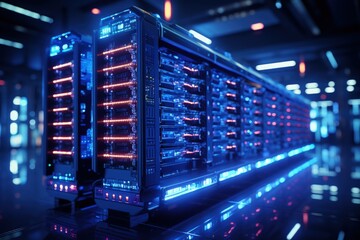 Data Center Servers Glow: Row of illuminated servers in a data center, symbolizing the power of modern computing. - obrazy, fototapety, plakaty