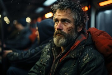 Obraz premium Weathered Traveler in Transit: A deeply contemplative man rides public transport, showcasing urban life's solitude.