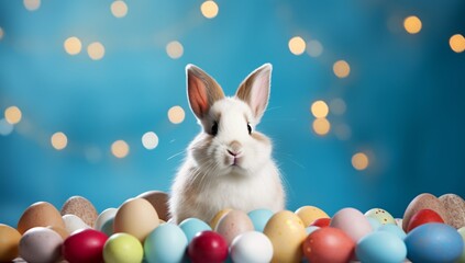 Fototapeta na wymiar A cute bunny sitting on a pile of colorful eggs Generative AI
